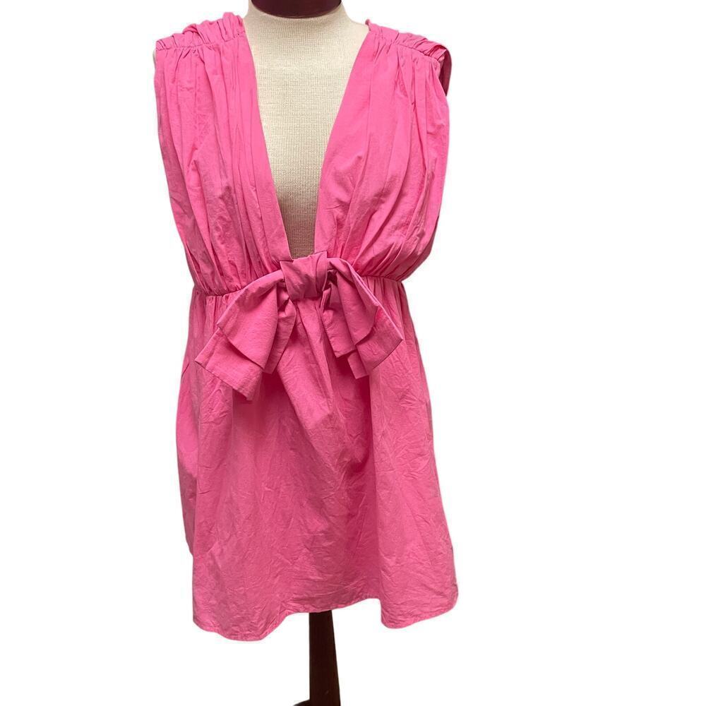 Bucket List Bright Pink V Neck Big Bow Poplin Dress Size Large